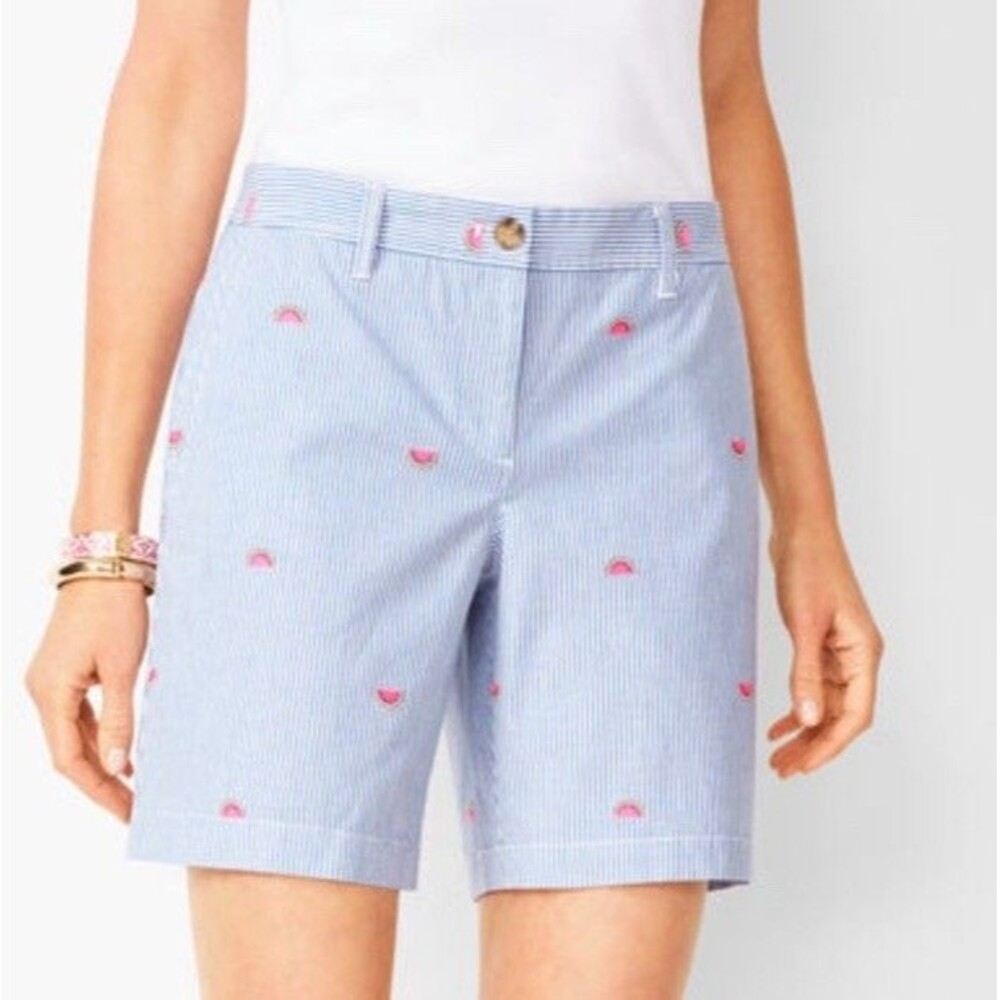 Talbots Girlfriend  Size 12 Chino Shorts Blue Seersucker Watermelon Embroidered